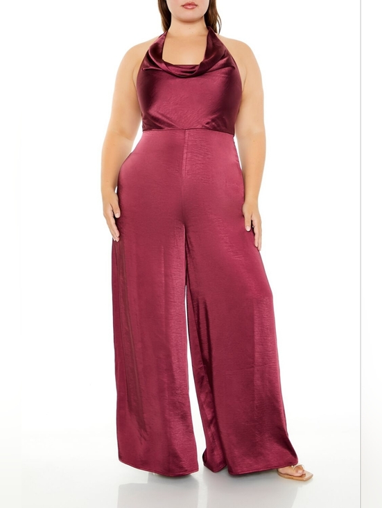 forever 21 Plus Pants - FOREVER 21 EUC Plus Size Cowl Neck Satin Jumpsuit in Burgundy
